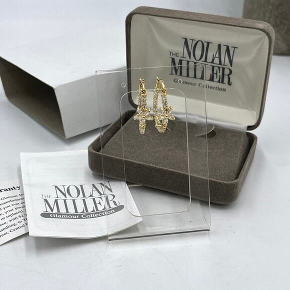 NOLAN MILLER Signed Flower Crystal Clear Bling CZ Gold tone Hoop Earrings New - Picture 1 of 12